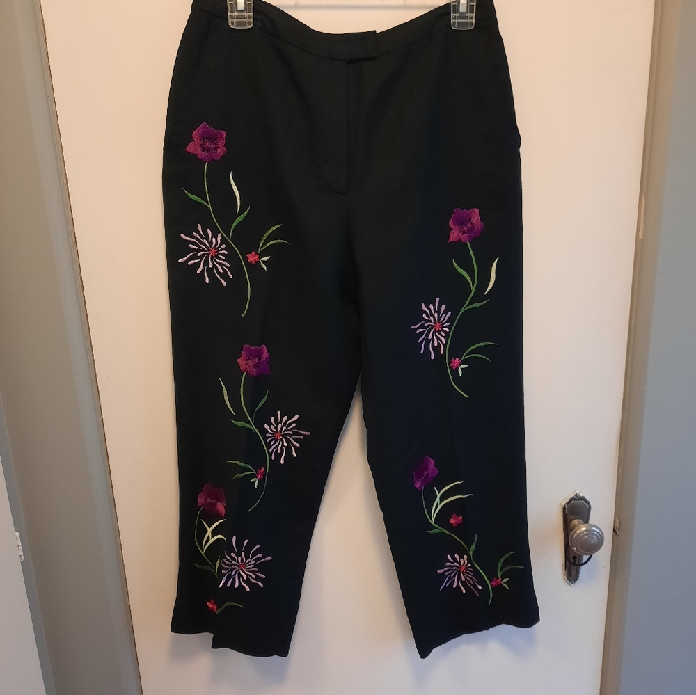 Floral Embroidered Black Pants